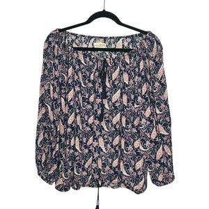 Denim &Supply Blue Paisley Pullover Peasant Top w/Tassel ties at Neck/Waist Sz L